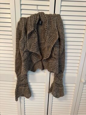 Laundry by Shelli Segal Chunky Open-Front Crochet Wool Cardigan Sweater - Gray
